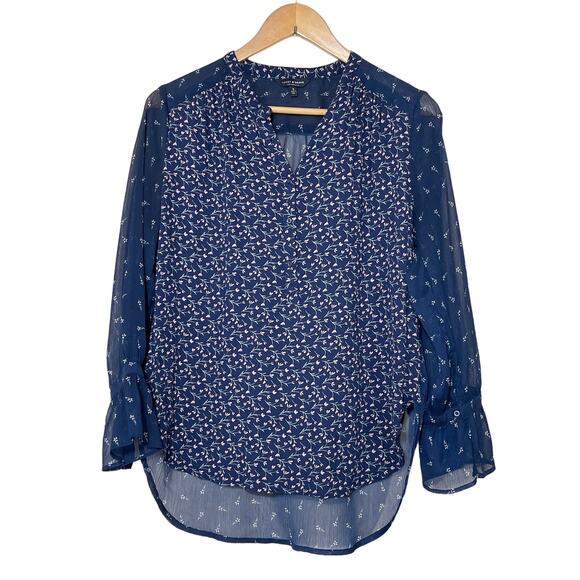Lucky Brand Women's Small Navy Long Flare Sleeve V Neck Sheer Back Floral Blouse - Picture 1 of 7